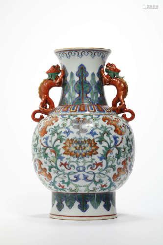 CHINESE DOUCAI FLORAL DOUBLE-EARED VASE
