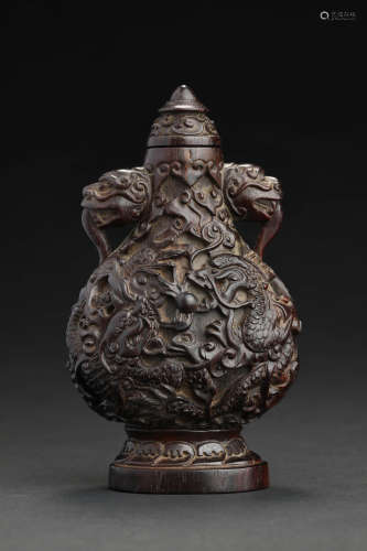 CHINESE CARVED SANDALWOOD DRAGON SNUFF BOTTLE