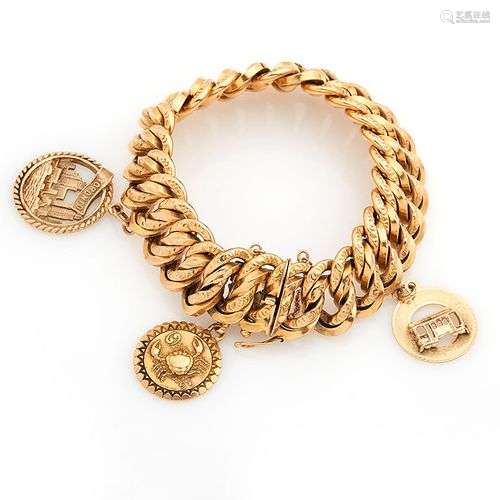 Bracelet gourmette en or jaune 18K (750/°°), retenant trois ...