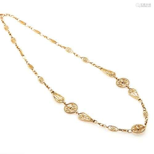 Collier en or jaune 18K (750/°°), à maillons filigranés. Lon...