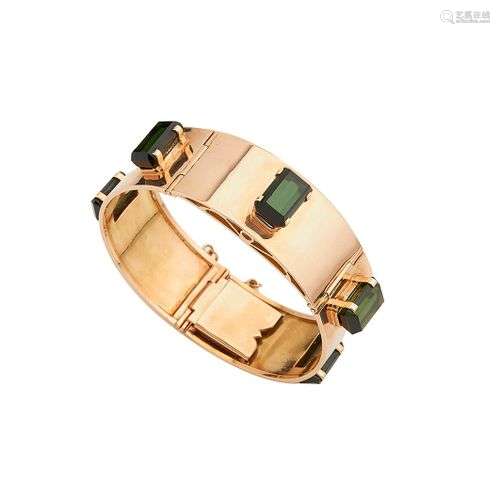 Bracelet jonc ouvrant, en or rose 18K (750/°°), orné de cinq...