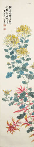 CHINESE FLOWER PAINTING SCROLL ON PAPER, CHEN BANDING MARK