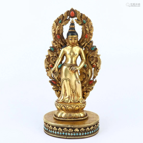 Chinese Turquoise And Coral Gilt Bronze Buddha Statue