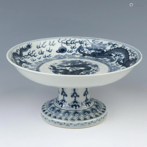 Chinese Blue and White Porcelain High Foot Dish Plate