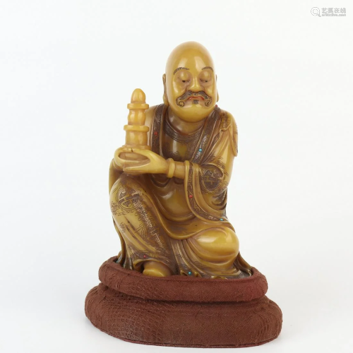 Chinese Shoushan Stone Carving Luohan Statue