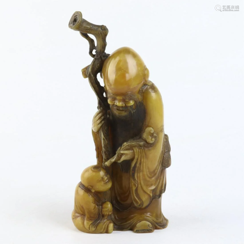 Chinese Shoushan Stone Carving Longevity God Statue