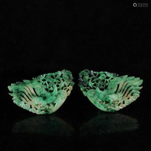 Chinese jadeite jade carving phoenix one pair