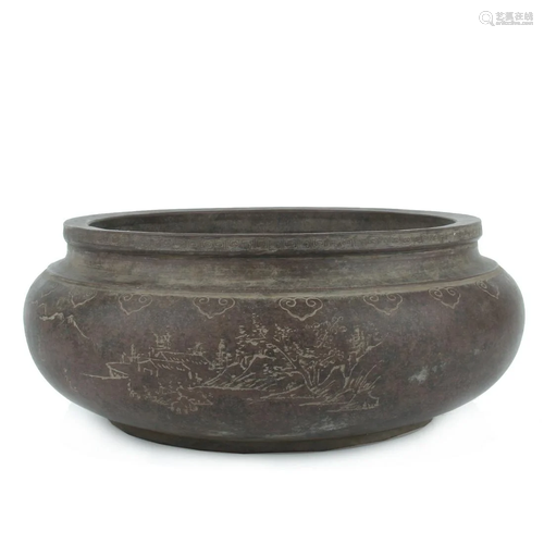 Chinese Carved Landscape Text Yixing Zisha Brush Washer