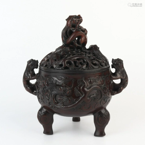 Chinese Sandalwood Wood Carved Incense Burner Censer