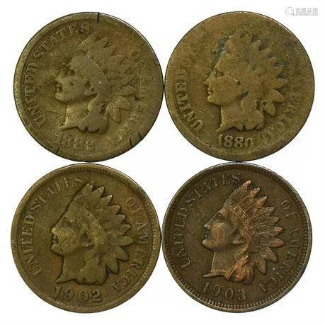 Group of 4 Indian Head Cents 1880, 1882, 1902, 1903