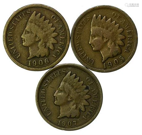 Group of 3 Indian Head Cents 1905, 1906, 1907
