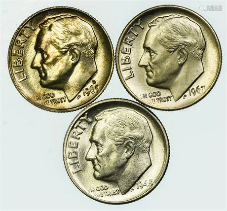 Group of 3 Roosevelt Dimes 1948, 1967, 1969