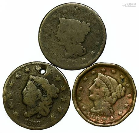 Group of 3 Large Cent Coins 1833, 1840, 1852