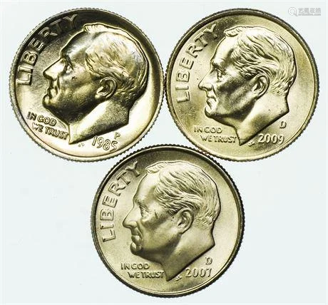 Group of 3 Roosevelt Dimes 1985-P, 2007-D, 2009-D