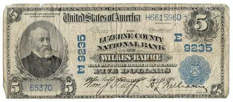 1902 $5 National Bank Note Luzerne County National Bank