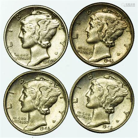 Group of 4 Mercury Dimes 1940, 1942, 1943, 1945