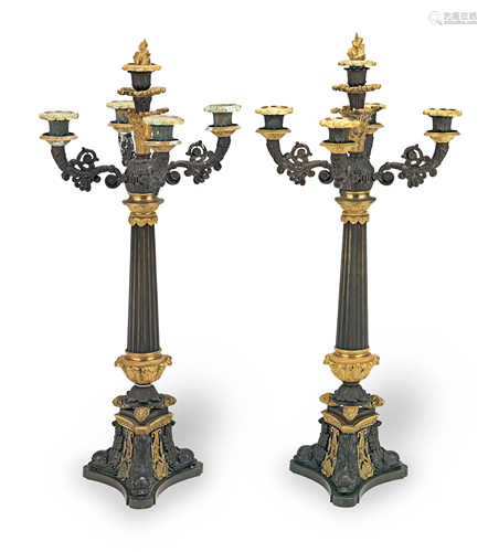 A PAIR OF CHARLES X GILT AND PATINATED BRONZE FIVE