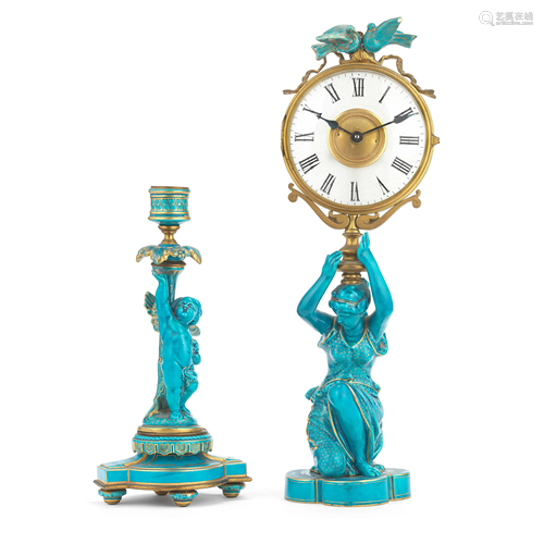 A GILT BRASS, FROSTED GLASS AND TURQUOISE GLAZED