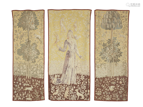 A SET OF THREE ATTRACTIVE GENRE TAPESTRY PORTIERE,