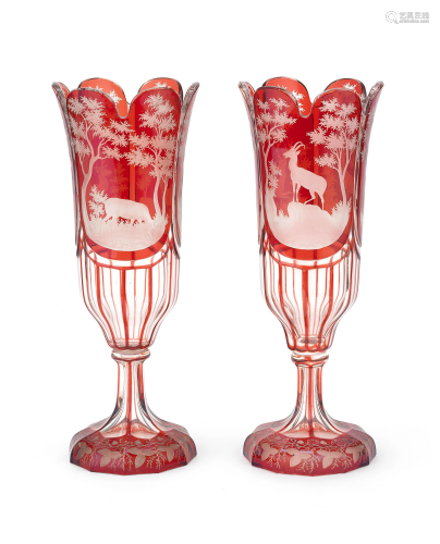 A PAIR OF RUBY FLASHED GOBLET VASES