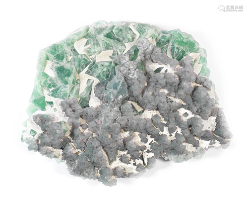 A VERY LARGE GREEN AND PURPLE FLUORITE ON QUARTZ