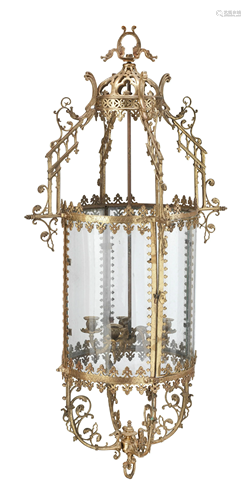 A LATE 19TH CENTURY GILT BRASS HALL LANTERN