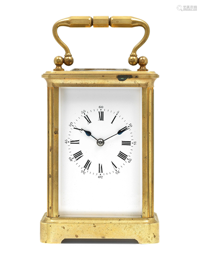 A LATE 19TH CENTURY GILT BRASS CORNICHE CARRIAGE CLOCK