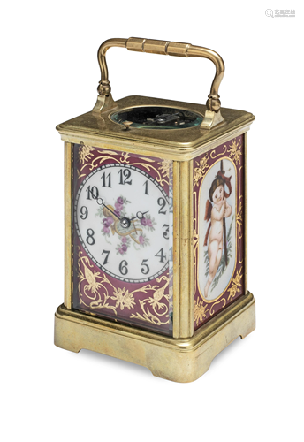 A PORCELAIN PANELLED CARRIAGE CLOCK