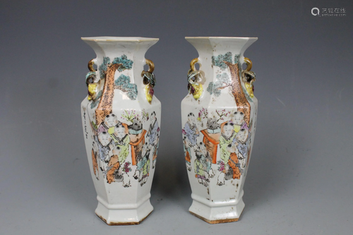 A Pair of Famille-Rose Hexagonal Vases, Mark Ma Qingyun