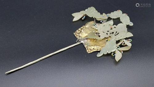 A Sterling Jade-Inlaid Hairpin, Qing Dynasty