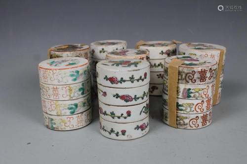 Eight Famille-Rose Three-Tiered Porcelain Boxes, Qing