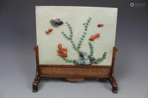 An Agate Inlaid Jade Table Screen with Hongmu Stand