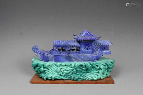 A Carved Lapis Lazuli Boat with Hongmu Stand