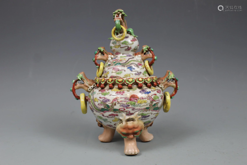 A Wucai Carved Porcelain Tripod Censer