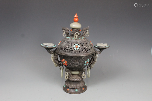 A Sterling Jade-Inlaid Censer, Qing Dynasty