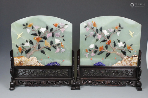 A Pair of Jade Gem Stone-Inlaid Table Screens