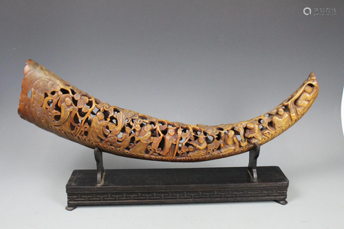 A Carved 'Eighteen Luohans' Buffalo Horn, Qing Dynasty