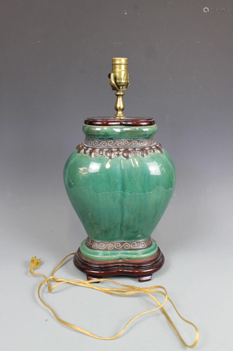 A Green-Glazed Russet-Painted Vase Lamp