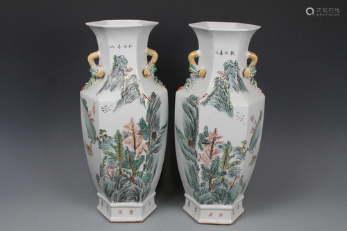 Two Famille-Rose Hexagonal Vases