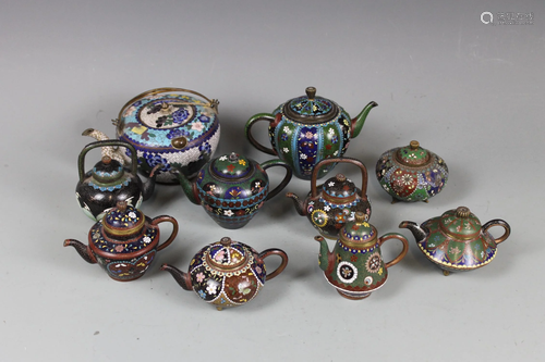 A Group of Ten Cloisonne Enamel Teapots