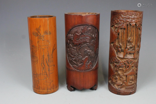 Three Carved Bamboo Brushpots, Republic of China