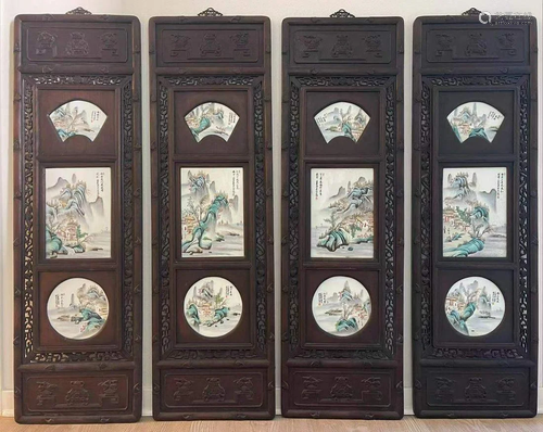 A Four-Panel Porcelain-Plaque-Inlaid Screen