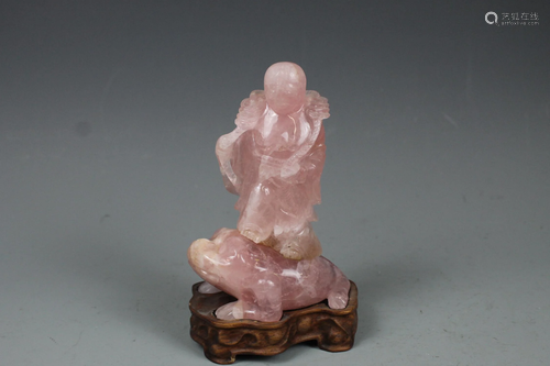 A Carved Rose Quartz Decoration with Hongmu Stand