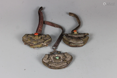 Three Leather Silver-Inlaid Fire Strikers, Tibet