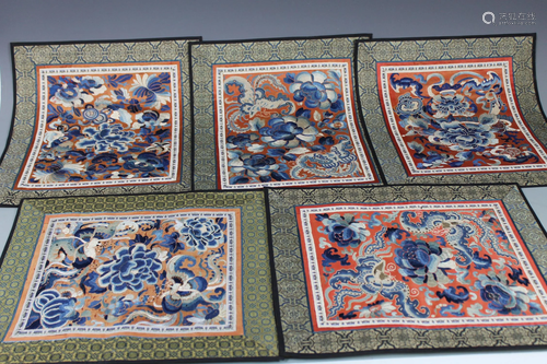 A Group of Five Chinese Embroidery, Qing Dynasty