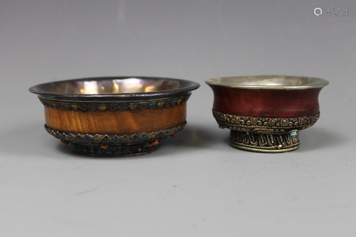 Two Tibetan Sterling Gem Stone-Inlaid Bowls