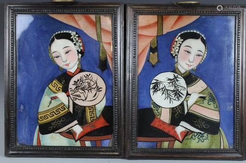 A Pair of Chinese 'Madam' Reverse Glass Paintings, Qing