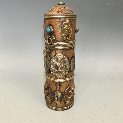 A Gemstone Inlaid Bronze Tibetan Incense Tube