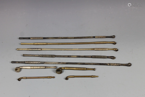 A Set of Nine Brass Smoke Pipes, Qing Dynasty