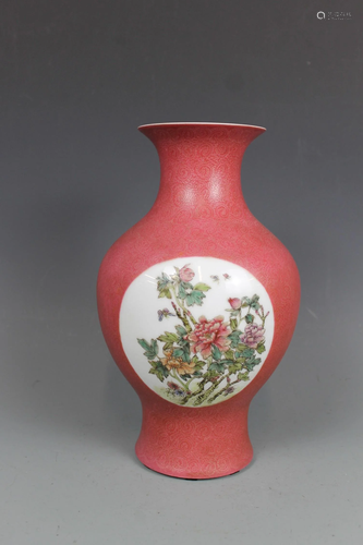 A Rouge-Red Sgraffiato-Ground Famille-Rose Vase